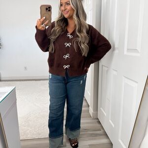 Brown Knit Cardigan with Bow Accents